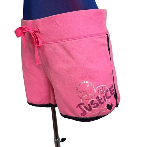 Justice Faux Drawstring Shorts Neon Pink Peace Signs & Purple Glitter Size 18‎ - Picture 1 of 6